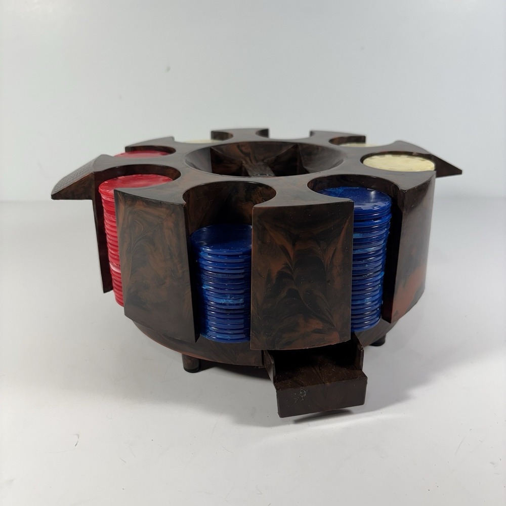 Vtg Brown Poker Chip Rack Dispensing Rotating MCM Made In USA Red